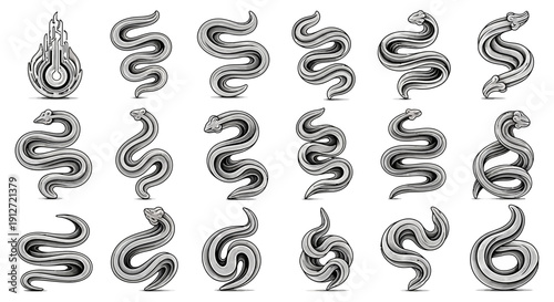 stylized silver snake illustrations in various coiling poses for mystic branding graphic design and symbolic tattoo art.