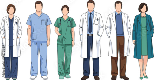 Medical professionals team illustration, doctors and nurses standing collection, healthcare staff characters, hospital clinic uniform people, flat vector design