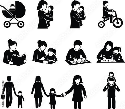Family Activities and Parenting Illustrations in Black and White Style