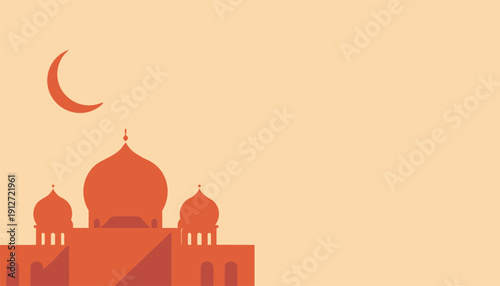 Minimal mosque silhouette with crescent moon vector illustration, Islamic architecture skyline at sunset in flat design style for Ramadan Kareem and Eid Mubarak greeting background.