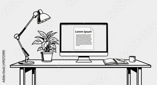 Desk with computer lamp and plant illustration.
