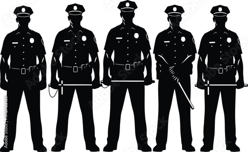 Silhouette of Five Police Officers in Uniform with Various Poses