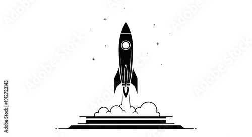 Black silhouette of a rocket launching into space with smoke and stars.