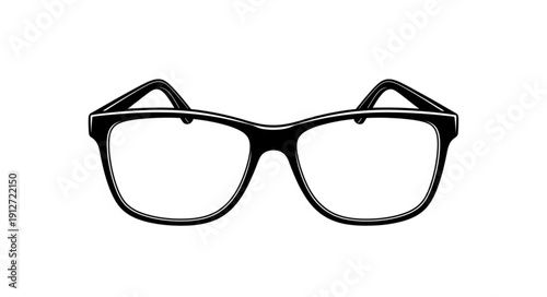 Black framed eyeglasses on a white background.