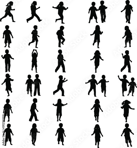 Collection of Black Silhouette Children in Various Poses for Creative Projects and Design