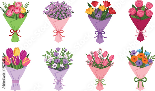 Assorted colorful floral bouquets wrapped with decorative ribbons in vibrant hues