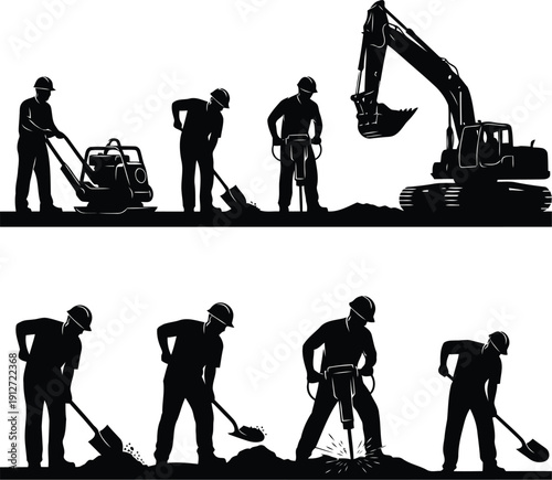 Dynamic Construction Workers Silhouettes Engaging in Excavation and Groundwork