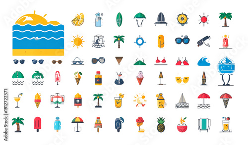 Summer and vacation solid vector icon set