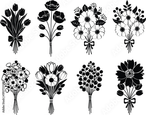 Elegant black and white floral arrangements in a variety of styles and compositions