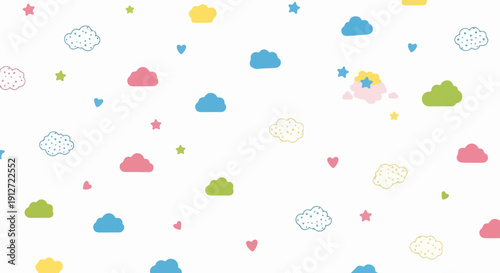 Cute Pastel Clouds, Stars, and Hearts Seamless Pattern