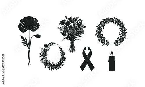 Group of solemn soldiers in silhouette vector illustration, paying tribute