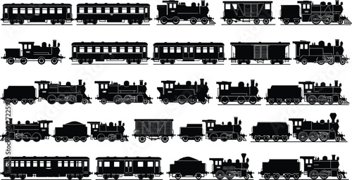 Large collection of vintage train silhouettes featuring steam locomotives, classic railway passenger carriages, and old freight wagons for nostalgic transportation history design.