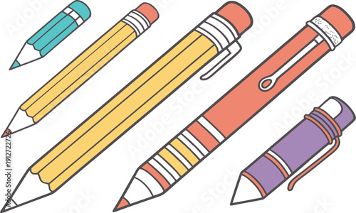 A sharp yellow wooden pencil with a red rubber eraser and graphite tip for school drawing and office writing, featured in a vector illustration design on paper