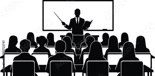 Professional teacher or professor silhouette standing in front of classroom giving lecture to group of students sitting at desks in university.
