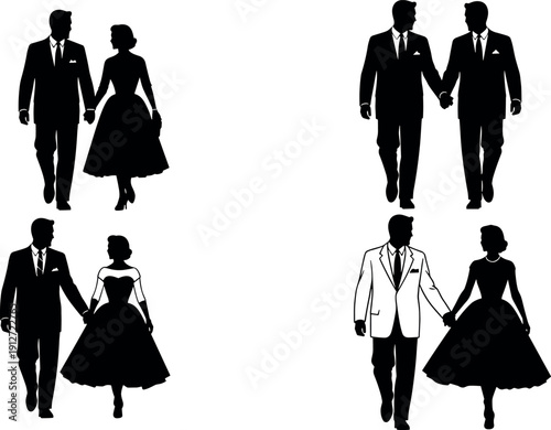 Elegant Mid Century Modern Silhouettes of Diverse Couples Walking and Holding Hands in Formal Suits and Vintage 1950s Evening Dresses