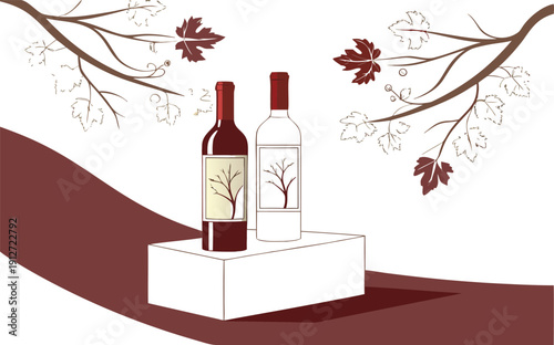 An isolated red wine bottle and glass set beside a cork and grapes, perfect for a winery celebration or restaurant beverage menu