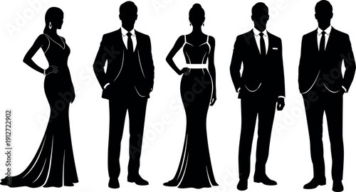 Elegant Silhouettes of Men in Formal Suits and Women in Evening Gowns for Gala Events, Weddings, and Sophisticated Luxury Fashion Design