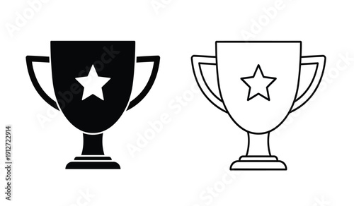 Black and white trophy cup icons with star symbol on isolated for awards and recognition