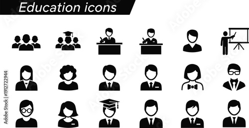 Set of black solid education icons featuring various student profiles, university graduates in caps, professional teachers, and academic instructors giving lectures.