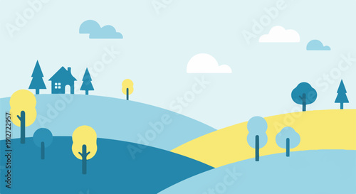 Minimalist Cartoon Landscape with House and Trees