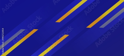 Abstract blue banner design vector, dynamic sporty horizontal background template with blue and yellow shapes for media promotion or web banner