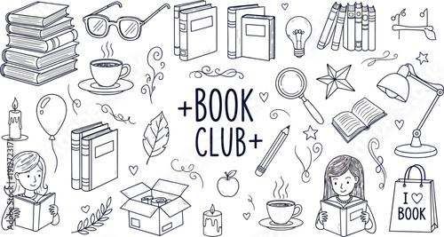 Set of blue line art doodles for book club featuring readers, stack of books, coffee cups, glasses, desk lamp, and magnifying glass.