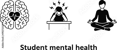 Set of student mental health icons featuring human brain with heart, stressed student sitting at desk, and person practicing yoga meditation.
