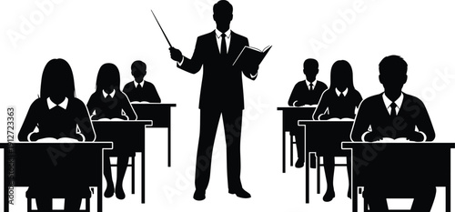 Silhouette of a male teacher in a suit holding a pointer and book while students sit at desks in a classroom, education concept