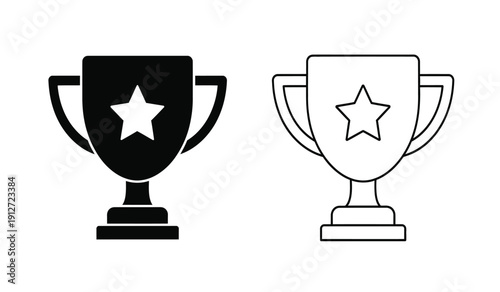 Black and white trophy icons with star symbol in simple line art style for awards and recognition