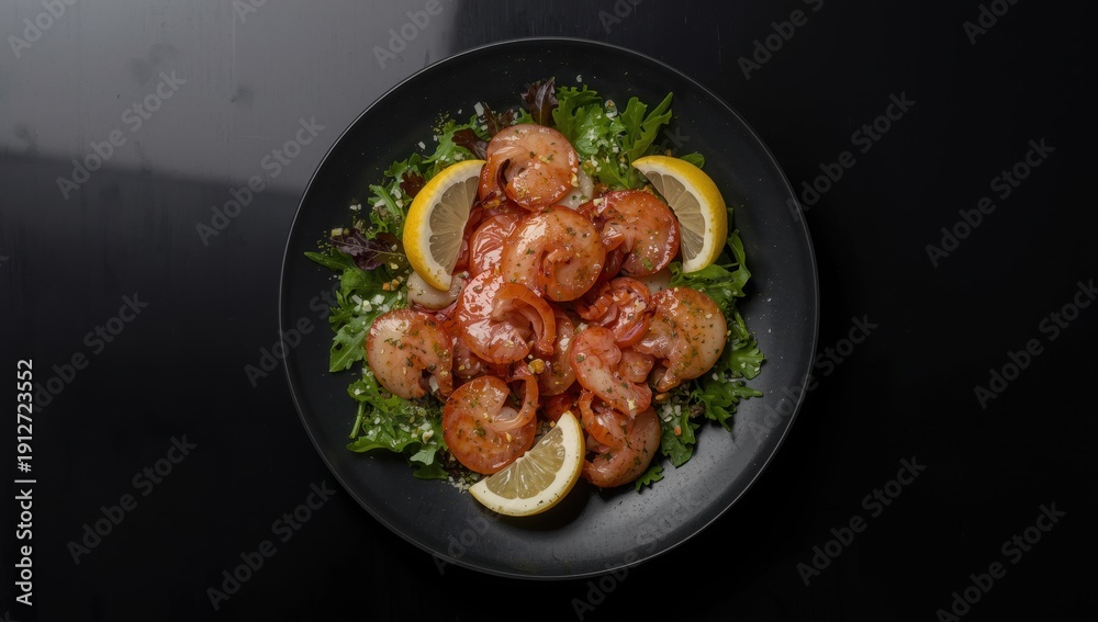 Fototapeta premium Delicious squid dish with lemon, garlic, and salad on a black surface, overhead view. Room for text