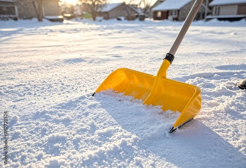 Yellow Snow Shovel by House with Feet in Snow, Winter Scene
