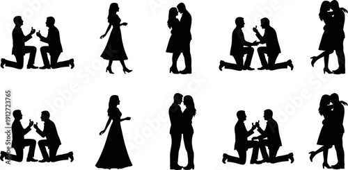 Romantic Silhouette Collection of Couples Featuring Marriage Proposals on Knee, Elegant Walking Women, Intimate Hugging, and Lovers Embracing in Love.