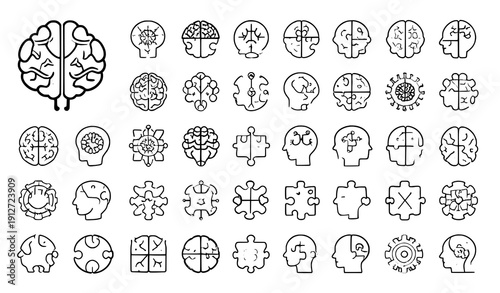 Logic and brain solid vector icon set