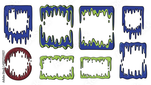 playful cartoon dripping slime frames and gooey liquid borders blue green red perfect for halloween designs or party invitations