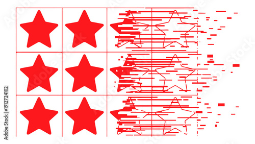 red stars dissolving into digital fragments on a grid symbolizing declining quality poor customer reviews and low service ratings.