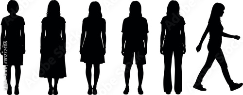 Set of female silhouettes in various poses and outfits including casual wear dresses skirts trousers and a woman walking profile