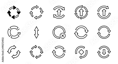 refresh icon set with circular arrows upload download and cycle symbols for modern user interface design and technology concepts.