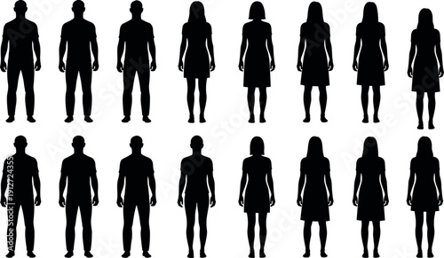 Set of male and female silhouettes standing in rows for demographic representation community diversity people icons and group of human figures