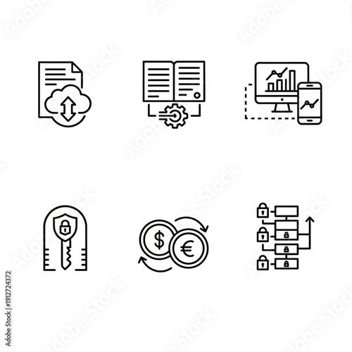 set of line art business icons illustrating cloud data market analysis financial exchange secure access and blockchain technology.