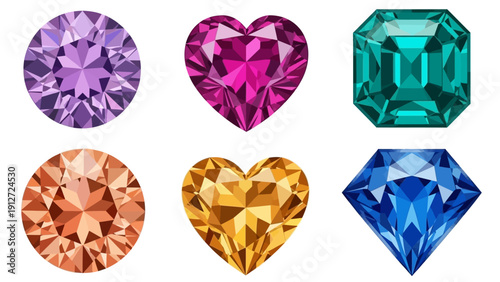 sparkling faceted gemstones in various shapes and vibrant colors including purple pink teal orange gold and blue isolated on white.