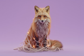 Cuddly red fox tangled in warm fairy lights on purple background