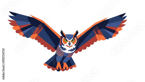 stylized geometric owl in flight with vibrant blue and orange wings a vector illustration conveying wisdom vigilance and intelligence.