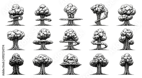 stylized mushroom clouds from powerful nuclear explosions illustrating destructive power global conflict and dramatic game assets.