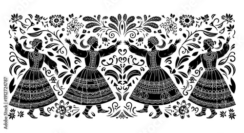 traditional folk dancers in ethnic costumes performing a cultural dance framed by decorative floral ornament depicting ethnic heritage.