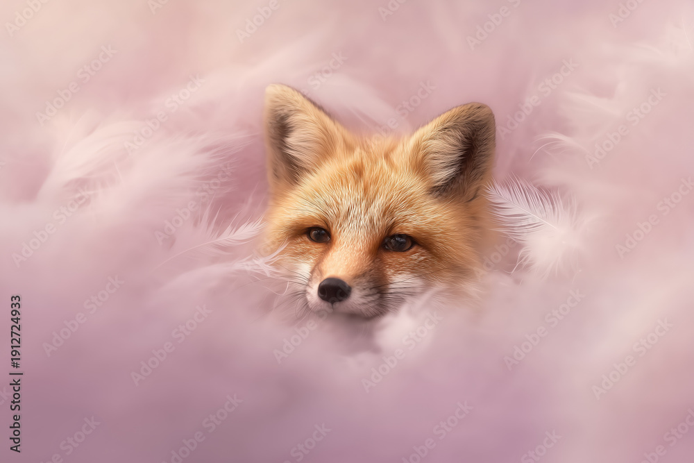 Obraz premium Cuddly red fox peeking through soft pink feathers