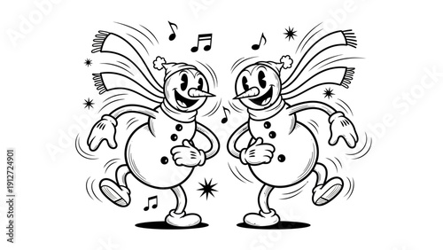 two happy retro cartoon snowmen dancing merrily with musical notes and snowflakes celebrating festive winter christmas holidays and joy.