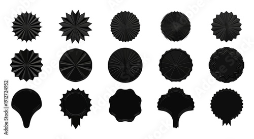 various black graphic elements featuring decorative seals intricate rosettes and blank award badges perfect for versatile branding.