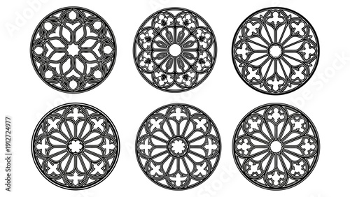 vector art of gothic rose window tracery designs ornamental architectural patterns for european church and medieval historical projects.