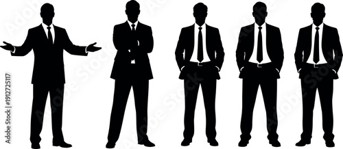 Set of Successful Businessmen Silhouettes in Suits and Ties Standing in Various Professional Poses Isolated on a White Background Vector