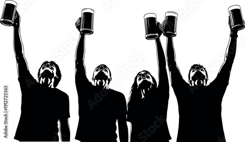 Silhouette of a Diverse Group of People Raising Beer Mugs in a Joyful Toast Celebrating Success at a Summer Festival